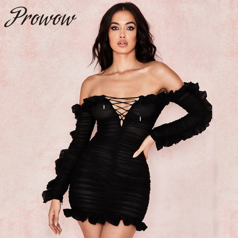 

Prowow 2020 New Runway Designer Sexy Black Off Shulder Women Dress Long Sleeve Elegant Celebrity Mini Party Dress Women