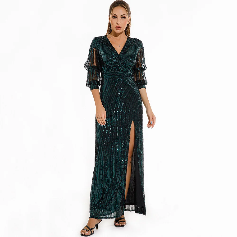 eDressU Green Sequins Evening Party Dress High Quality Sexy Slit Vintage Prom Formal Dress Robe de Soiree Vestido YMK-22616 evening wear