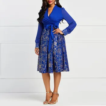 

2020 New Fashion Long Sleeve African Dresses For Women Fashion Patchwork Design Sexy V Neck Office Lady Work Wear Casual Clothes