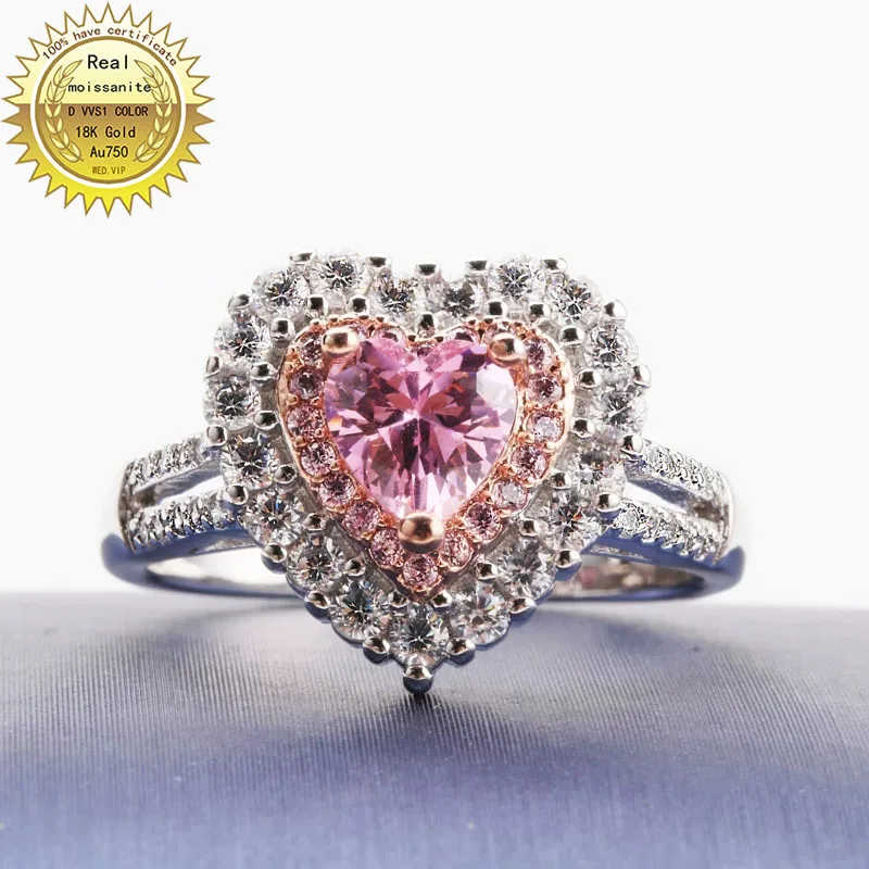 

Solid 18K Gold 1ct pink Moissanite Diamond Ring D color VVS With national certificate 002