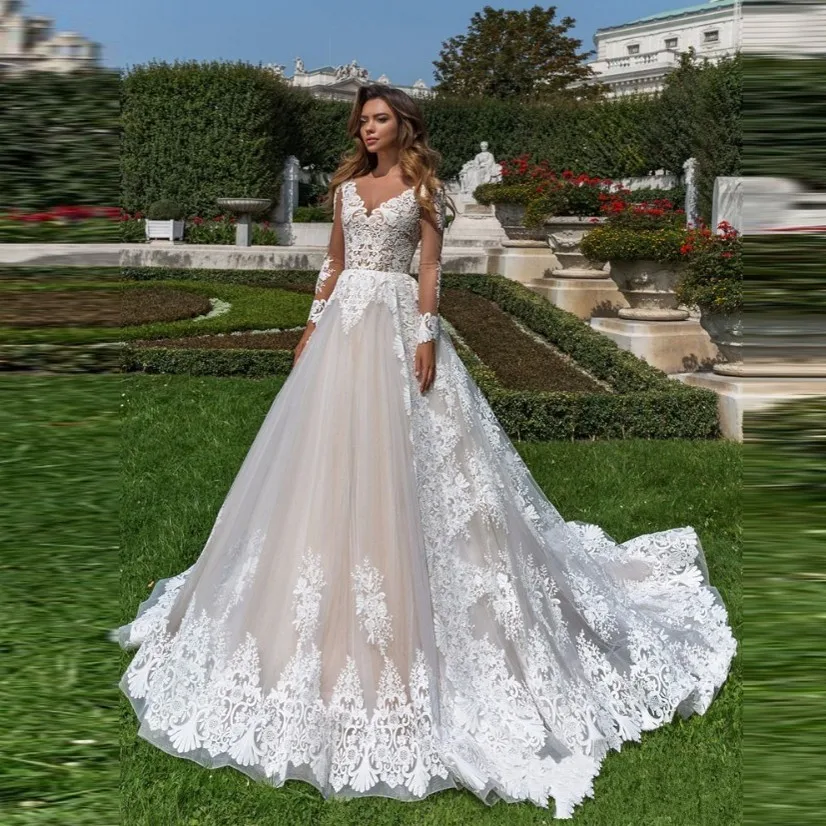 Свадебное длинное вечернее платье модное Тюлевое платье невесты Аппликации полное свадебное платье с рукавами настроить халат de mariee