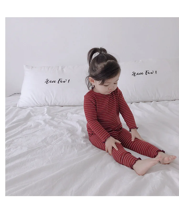 Новые пижамы для девочек комплекты одежды для малышей Детские пижамы в полоску из бамбукового волокна Осенняя футболка и штаны детская одежда для сна 1, 2, 3, 4, 5 лет