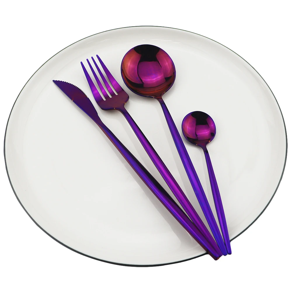 4 шт синий набор посуды с золотым ножом вилка ложка столовый сервиз набор 304 нержавеющая сталь столовые приборы набор столовой посуды для кухни - Цвет: purple