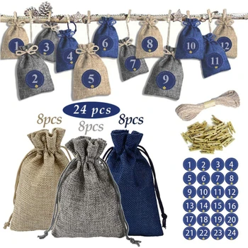 

24 Pcs Tricolor Linen Pocket Drawstring Party Christmas Wedding Favors And Gifts Packaging Gift Simple Candy Biscuit Bag Suit
