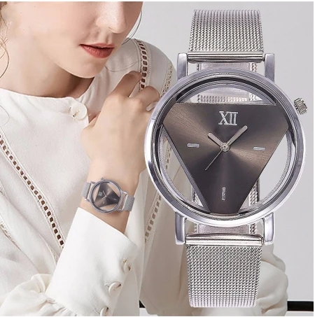 

Drop Shipping Ms. inverted triangle quartz watch casual mesh with stainless steel transparent hollow watch clock Relogio Feminin