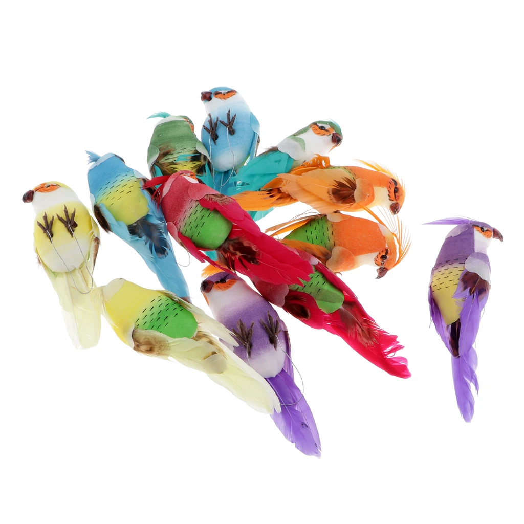 12Pcs Artificial Foam Birds Feather Simulation Parrot with Claw for Party Wedding Decor Garden Yard Park Shop Ornament Kids Gift
