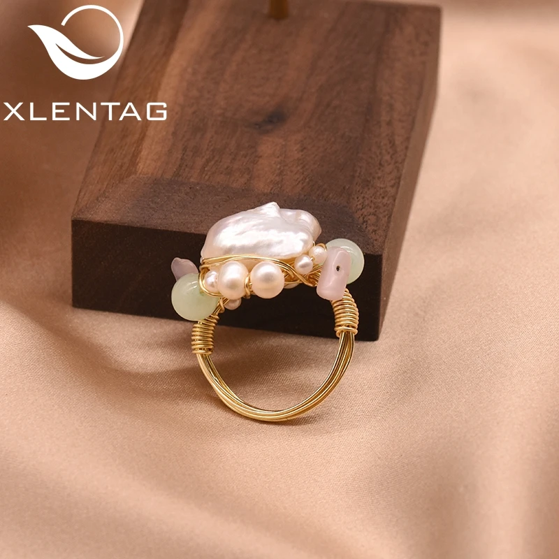 XlentAg, ручной работы, оригинальное натуральное розовое жемчужное кольцо с зеленым камнем в стиле барокко для женщин, свадебное обручальное ювелирное изделие GR0233