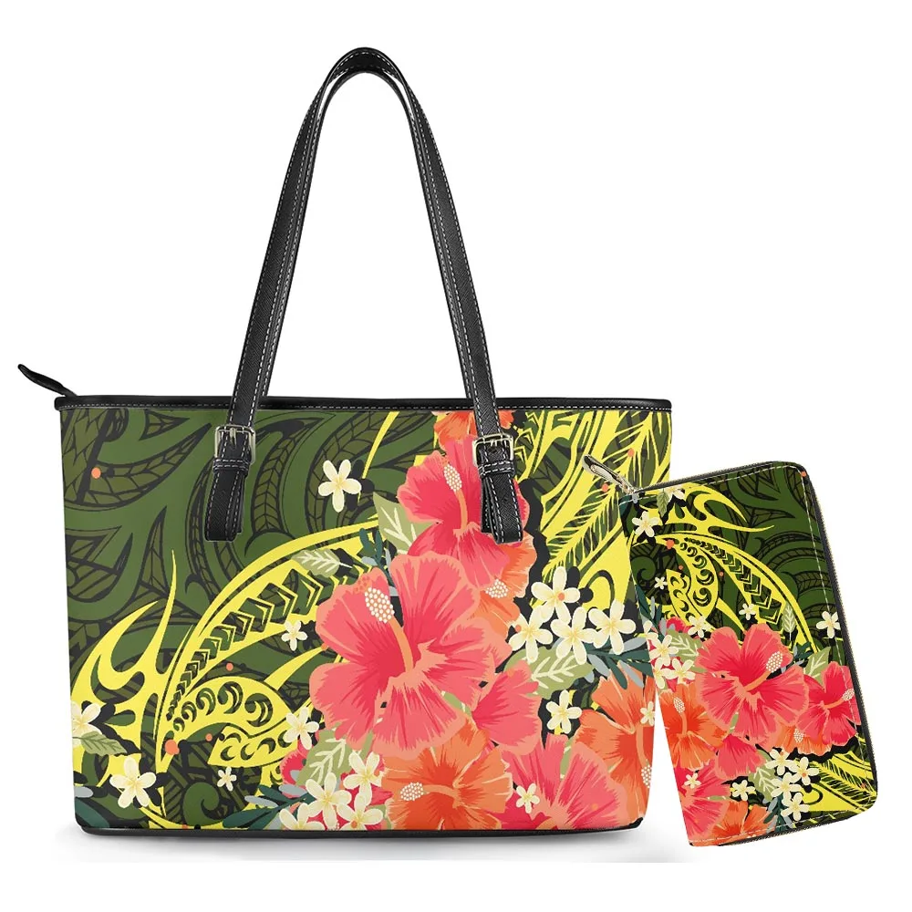 

Cumagical New Polynesian Flowers Tribal Design Printed Handbags And Bags 2Pcs Casual Large Leather Tote For Women Bag Purses