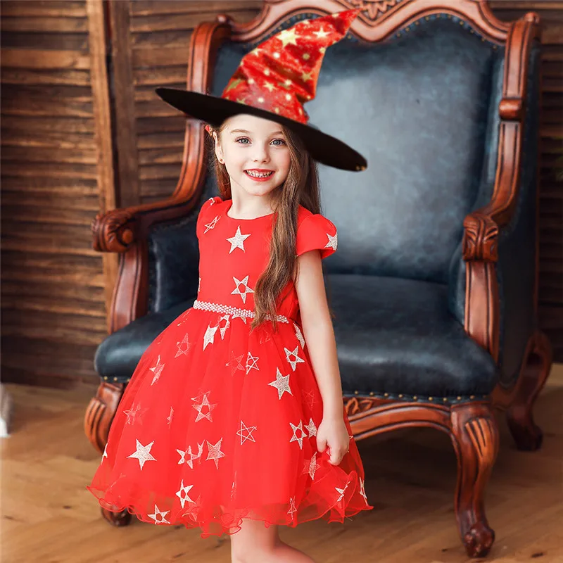Карнавальный костюм на Хэллоуин; Детские вечерние платья для выступлений; платье ведьмы с блестящими звездами для девочек+ шляпа; подарок для детей