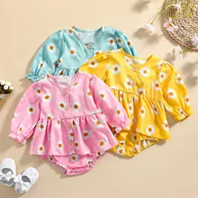 

OPPERIAYA Newborn Ruffle Autumn Spring Cotton Playsuit Toddler Baby Girls Daisy Print Long Sleeve Round Neck Button Bodysuit