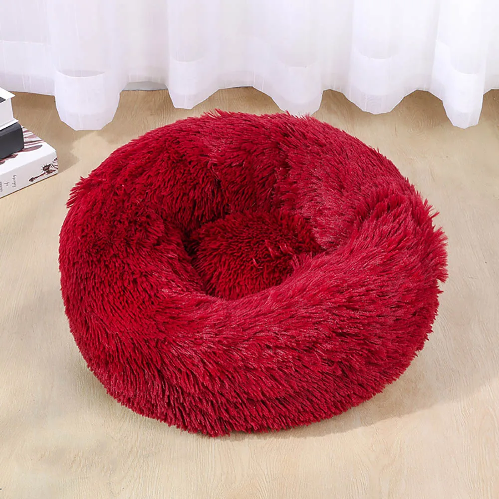 

wine red Dog Bed Pet Kennel Long Plush Super Soft Round Sleeping Bag Lounger Cat House Winter Warm Sofa Basket for Cute Dogs