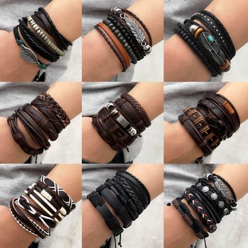 

4PCS/SET Vintage Leaf Pendant Rice Beads Adjustable Rope Chain Bracelet Punk Braided Wrap Wristbands For Men Fashion Jewelry