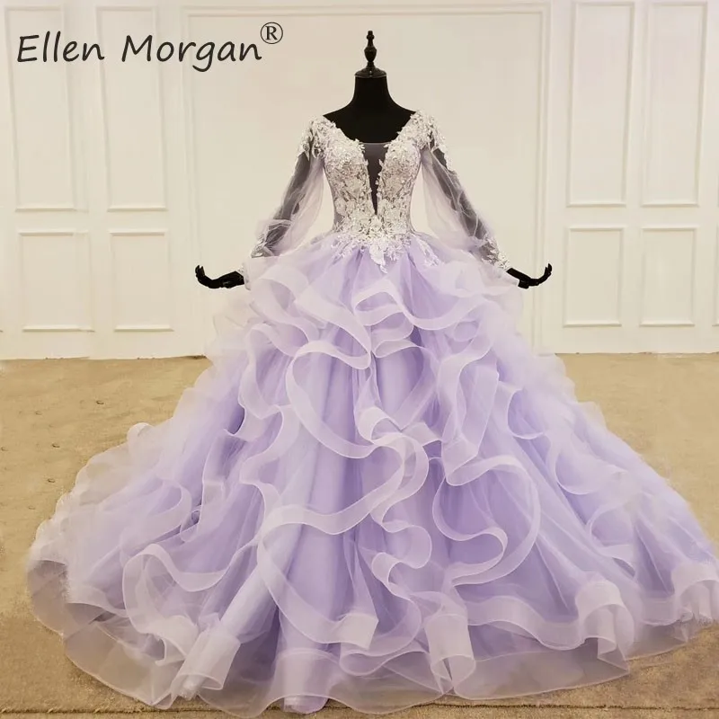 Новинка, лавандовые Бальные платья с длинными рукавами, платья для выпускного вечера, реальные фотографии, иллюзионная аппликация, бисер, оборки, тюль, Vestidos De Festa