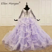 Новинка, лавандовые Бальные платья с длинными рукавами, платья для выпускного вечера, реальные фотографии, иллюзионная аппликация, бисер, оборки, тюль, Vestidos De Festa