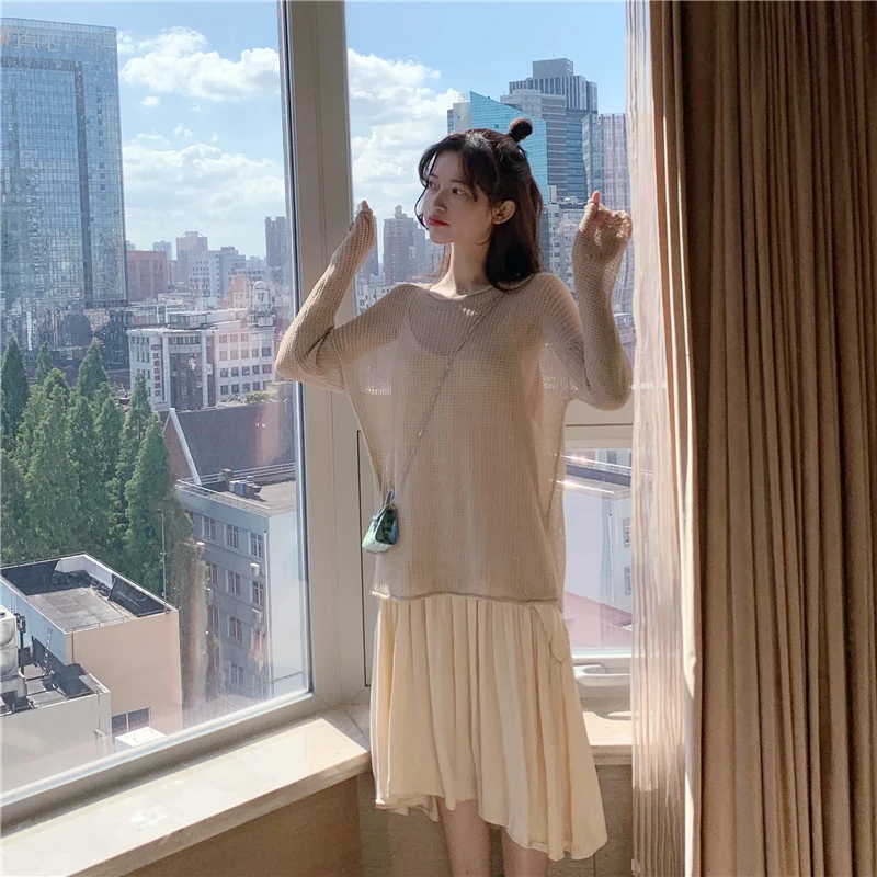 Женский винтажный костюм Ulzzang комплект из двух предметов свитер с вырезами и