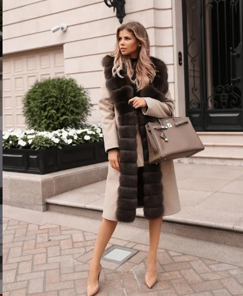 Новое поступление, красивое роскошное теплое шерстяное пальто для женщин, простое тонкое женское пальто с натуральным лисьим мехом, осенне-зимнее пальто с длинным рукавом - Цвет: Бежевый