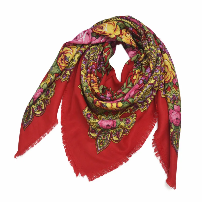 Квадратный русский женский шарф шаль леди с цветным Ретро принтом короткая повязка на голову с бахромой Ретро-накидка обертывание шарфы Испания волос платок - Цвет: Red