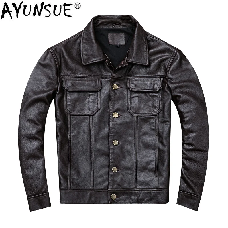 

AYUNSUE Real Leather Jacket Men 100% Cow Leather Coat Short Vintage Men's Genuine Leather Jackets Motorcycle 2020 KJ2908