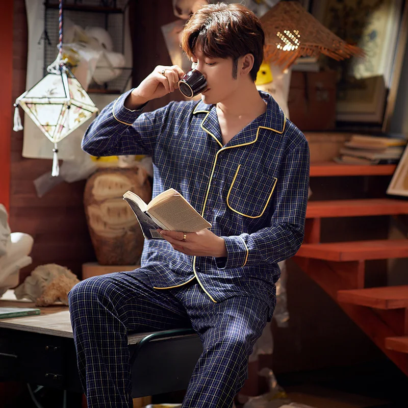 

Pajamas Men's Long Sleeve Winter Pajamas Men's Spring And Autumn New Style Pure Cotton Korean-style Square Lattice Home Pajamas