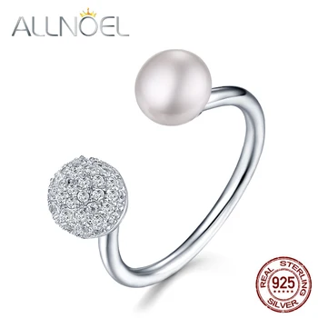 

ALLNOEL Real Pure 925 Sterling Silver Rings For Women Natural Fleshwater Pearl Ring Open Design Platinum 20 Sec Gifts On March 8