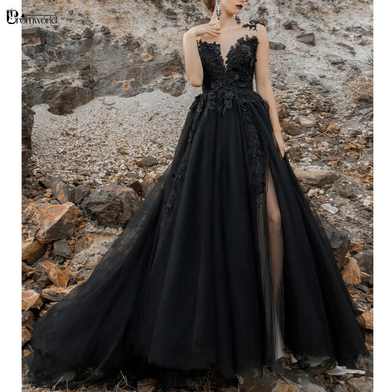 Gothic Zwarte Formele Jurk 2022 Sexy Prom Dresses Lange Kant Bloemen Backless Plus Size Avondjurken Side Tulle Vestidos - AliExpress
