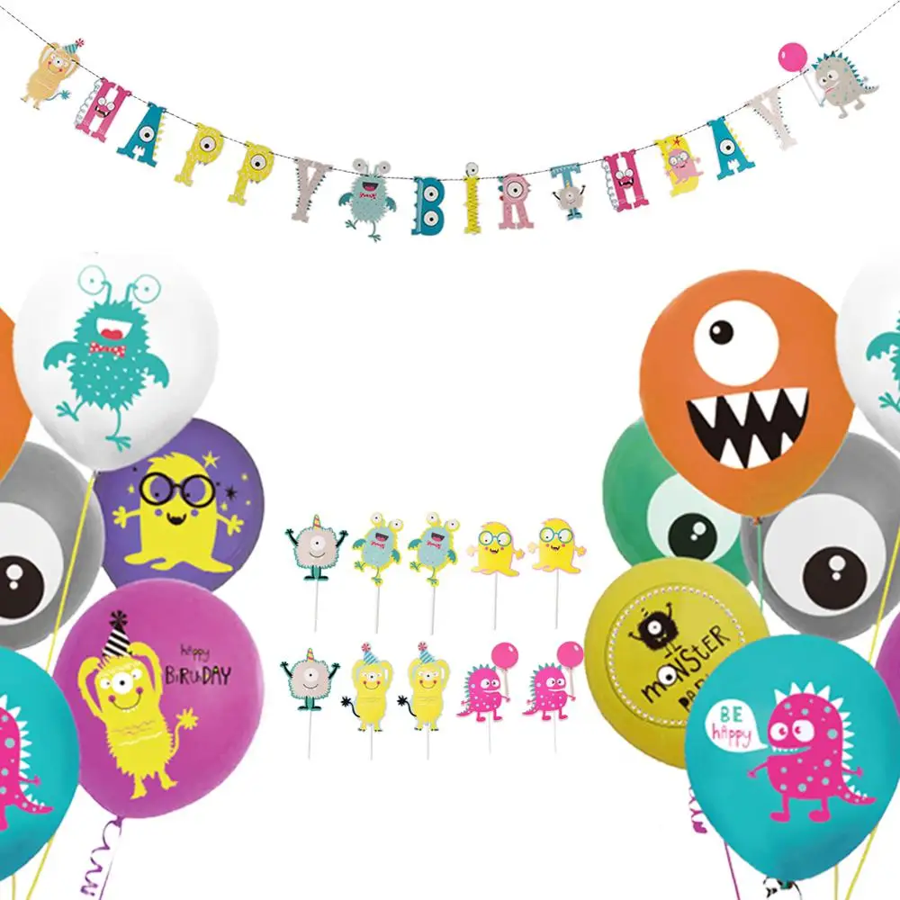 Little Monster Birthday Party Decoration Baby Shower Boys First Happy Banner Garland Cupcake Toppers Kit Balloons | Дом и сад