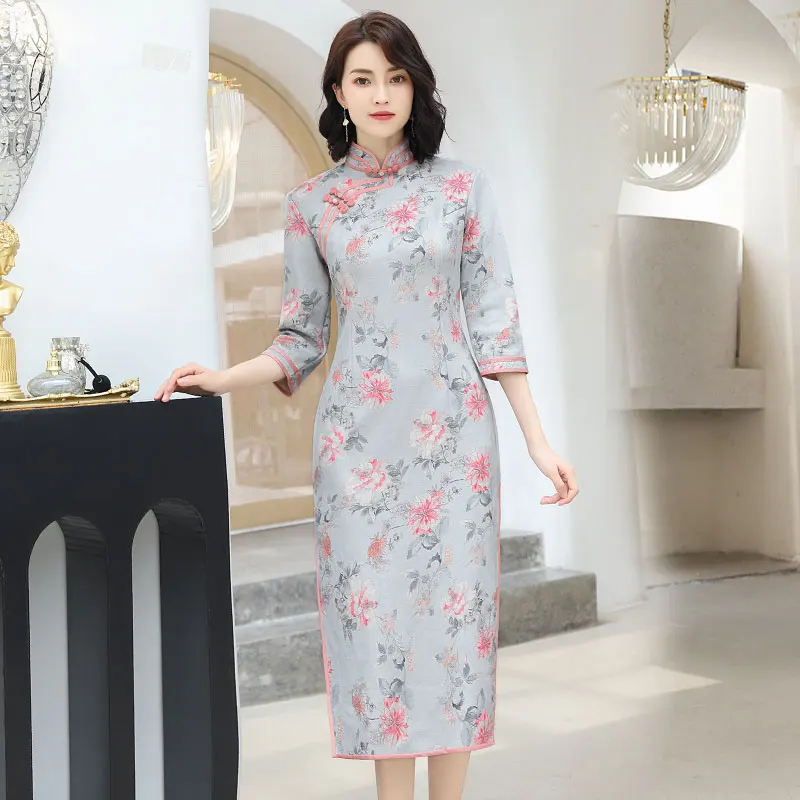 Замшевое платье до колена Cheongsam M-4XL винтажное китайское платье с воротником-стойкой весеннее женское платье Qipao тонкое вечернее платье Vestido - Цвет: 5203