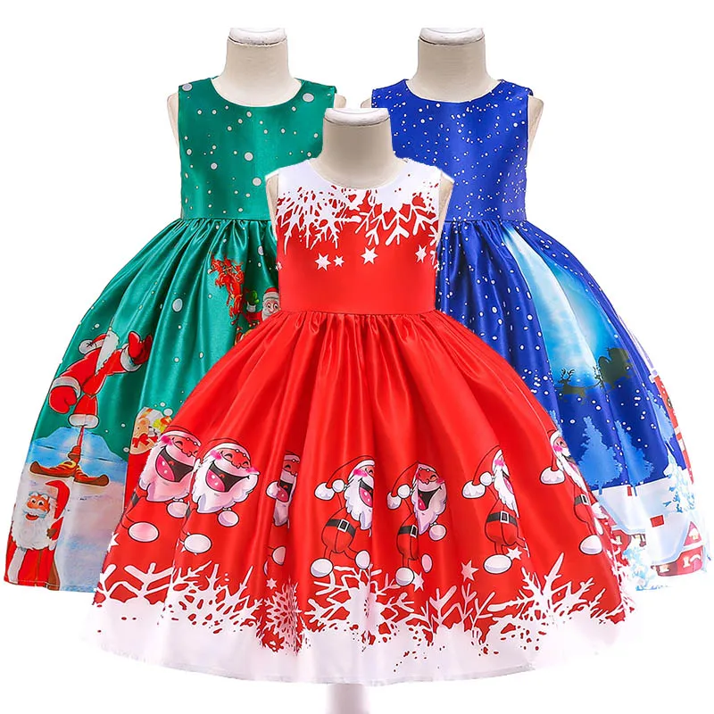 

Girl Christmas Santa Claus Party Dress Kids Snow Print Satin Red Blue Green Dresses Child Xmas Costumes