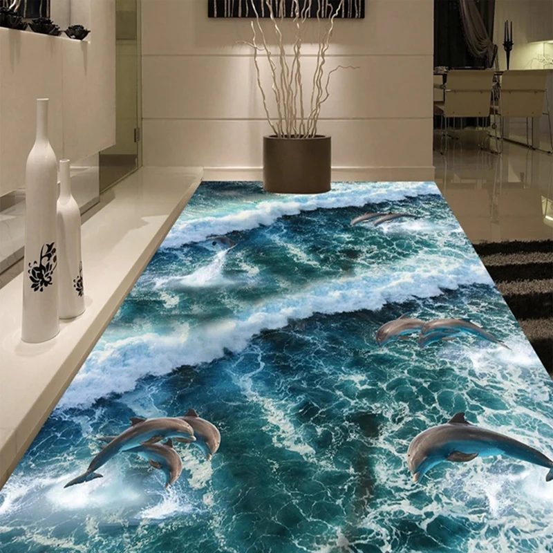 Custom 3D Photo Blue Ocean Waves Dolphins Floor Painting PVC Self-adhesive Murals Sticker for Bathroom Corridor Tiles Decoration beautiful dolphins under blue ocean bath mat carpet in the bathroom hallways floors for bathroom mat