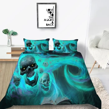 

3D Skulls Bedding Set King Scary Fashionable Blue Flame Duvet Cover Queen Twin Full Single Double Unique Design Bed Set