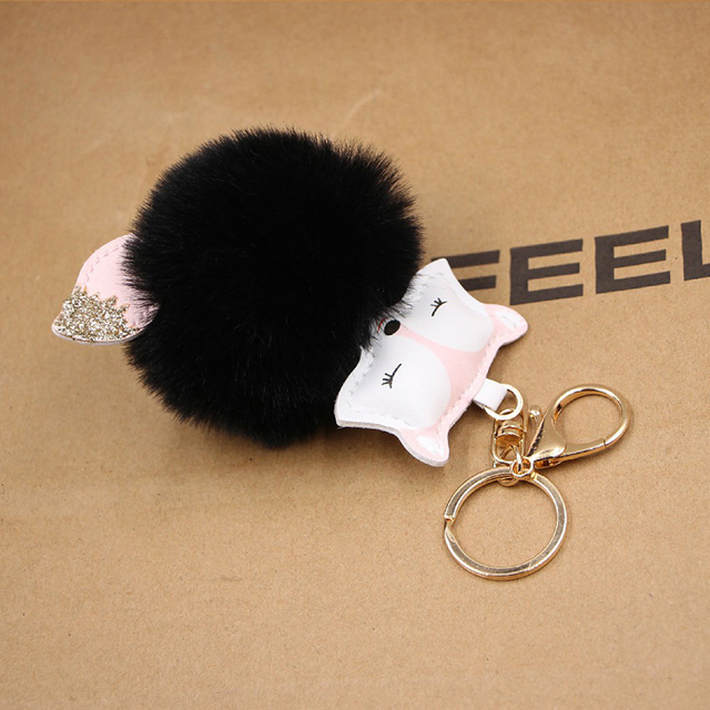 Ball Keychain Charm Key Ring Cute Leather Fox Keyring Plush Fluffy Pompom Faux Rabbit Fur Ball Bag Car Key Charms Accessory