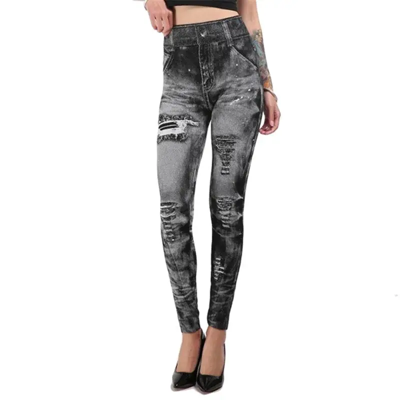 Модные Классические Эластичные Обтягивающие Леггинсы для женщин, сексуальные имитация джинсов Облегающие лосины, обтягивающие брюки, большие размеры