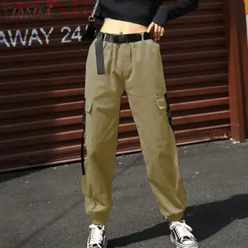 

2020 ZANZEA Spring Women's Cargo Pants Casual Overalls Trousers Female Pockets High Waist Turnip Oversized Pantalon Streetwear