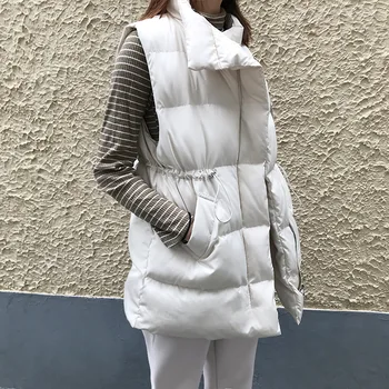 

Plumones Winter Vest Warm Long Sleeveless Vests New Korean Stand-up Collar Cotton Waistcoat Gilet Female Fashion