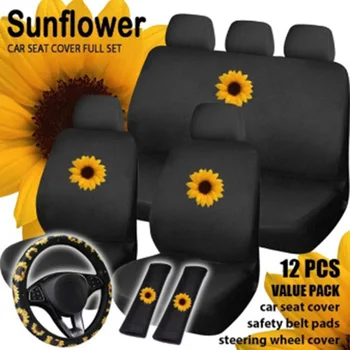 

12Pcs Car Seat Cover Set Sunflower Print Type Head Covers Steering Wheel Cover Back Cover All Year Round Use Interior Case Set