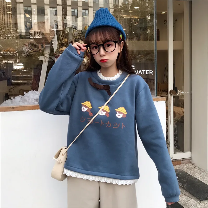 Lychee, Harajuku, японская девушка, жабо, бант, женские флисовые толстовки с круглым вырезом, свободные женские пуловеры, весна, осень, зима, женские топы