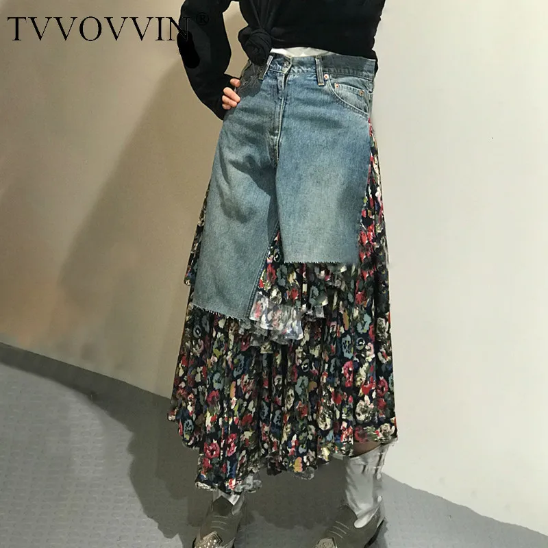 TVVOVVIN, женские джинсовые юбки с принтом в стиле пэчворк, высокая талия, асимметричная, с рюшами, большой размер, Женская юбка с цветочным рисунком, осень, L676