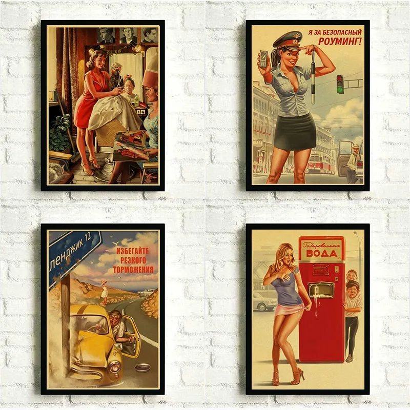 

World War II Pin Up Girl Vintage Kraft Paper Posters Bar Cafe Living Room Wall Decorative Paintings USSR Retro Sexy Girl Poster