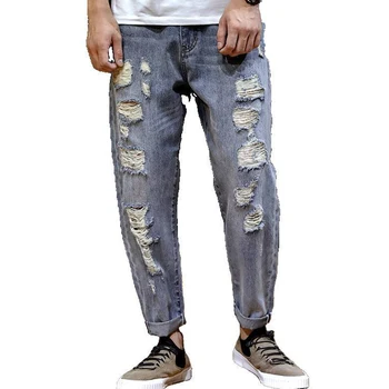 

Blue cropped jeans men loose plus size hole men's tide brand harem pants loophole beggar hole pants jean for male