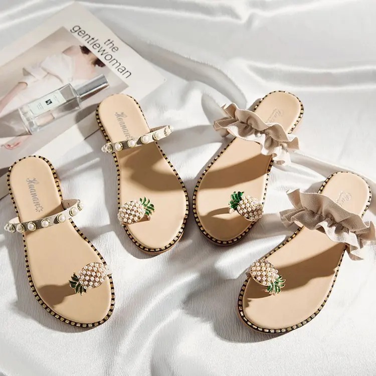 

2019 Summer Slipper Seaside Pearl Man-made Diamond Split Toe Cool New Style Women's Outer Wear Pineapple Artificial PU Beach Sho