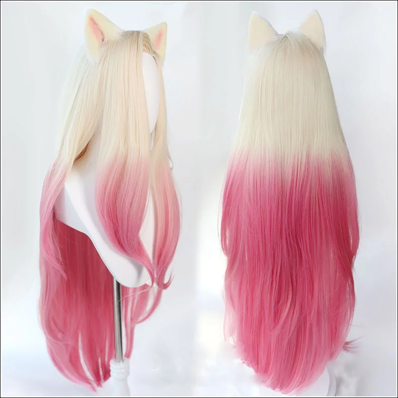 LOL KDA Baddest Ahri Cosplay Wig with Ears Heat Resistant Synthetic Hair Blonde Mixed Pink Heat Resistant Hair Wigs + Wig Cap