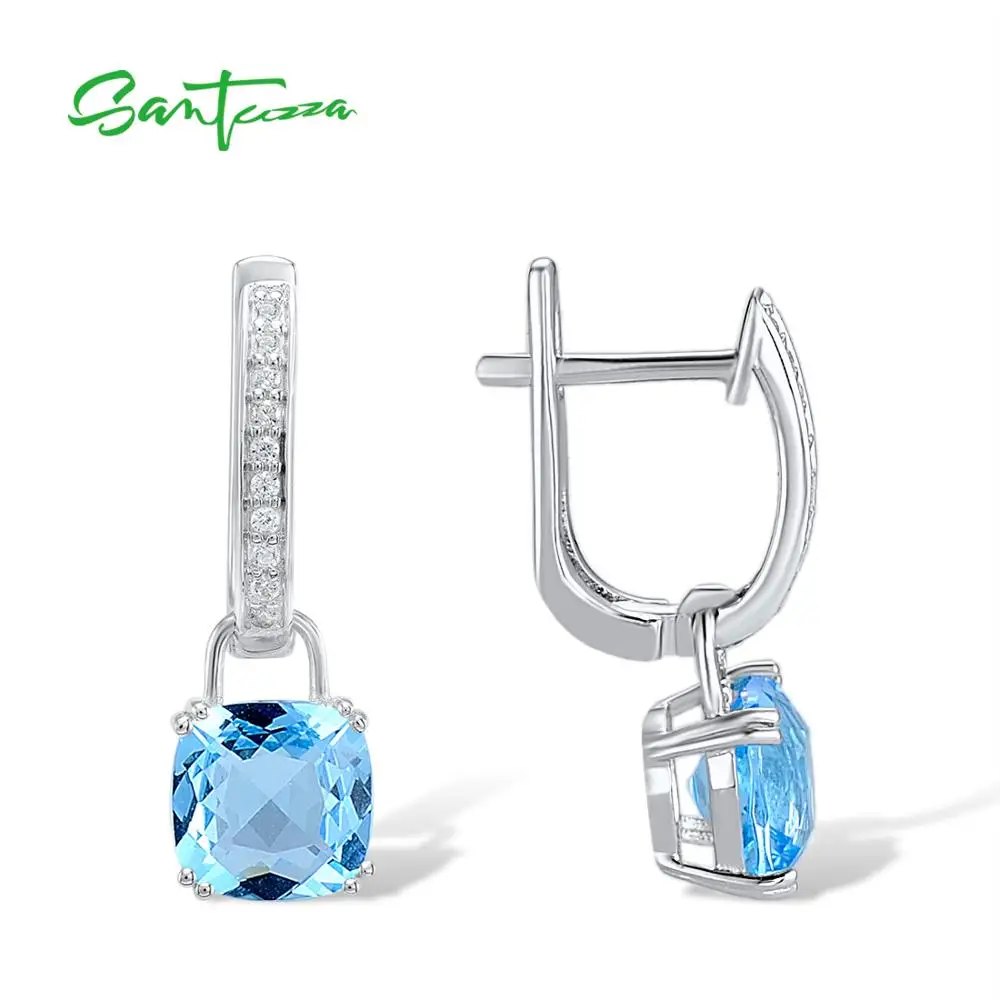 SANTUZZA Silver Earrings For Women 925 Sterling Silver Dangle Earrings Sky Blue Cubic Zirconia brincos Fashion Jewelry