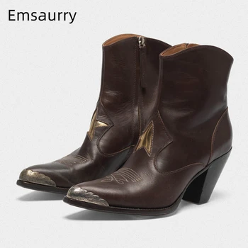 

Retro Style Genuine Leather Western Boots Women Sexy Pointed Toe Metal Decor Square Heel Sewing Star Winter Women Booties