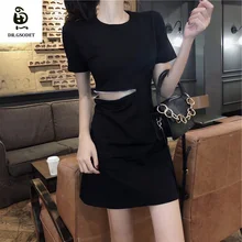 

GSODET Elegant Dress for Women Korean Slim Mini Skirt Waist Hollow Black Short Sleeve O-Neck Sexy Women's Fashion Dresses