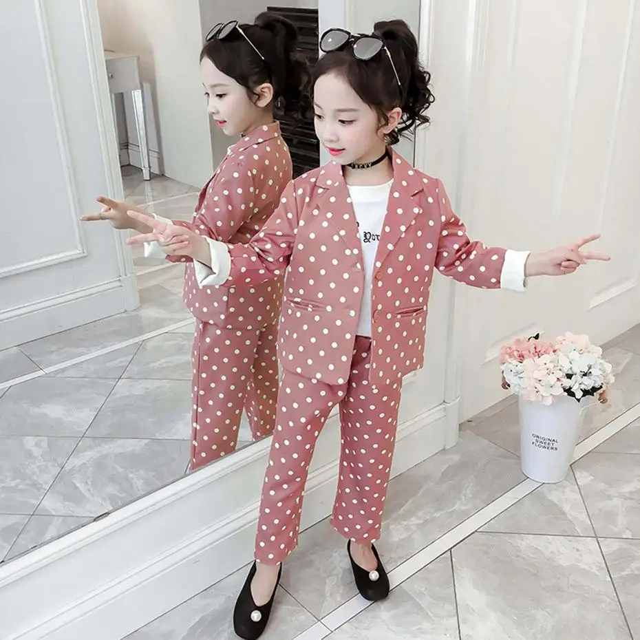 

Girls Clothes Dot Pattern Outerwear Jacekt + Pants 2PCS Girl Suit Set Casua Style Kids Tracksuit For Girls 6 8 10 12 14 Year