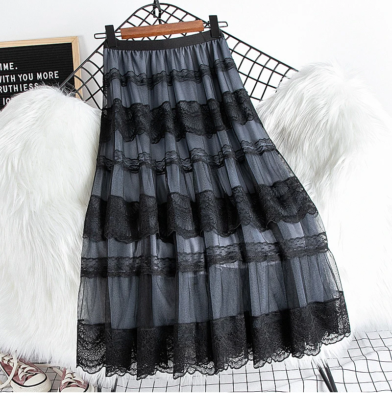 TIGENA אופנה תחרה טול ארוך חצאית נשים 2021 אביב קיץ אלגנטי קו גבוהה מותניים אמצע אורך רשת חצאית נקבה גבירותיי