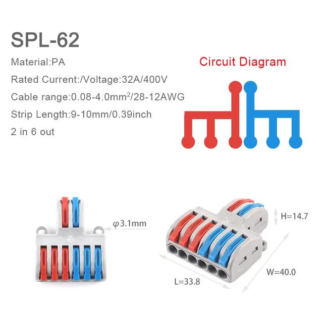 5PCS Fast Wire Cable Connectors Universal Compact Conductor Spring Splitter Wiring Connector Push-in Terminal Block For Electric SPL-62