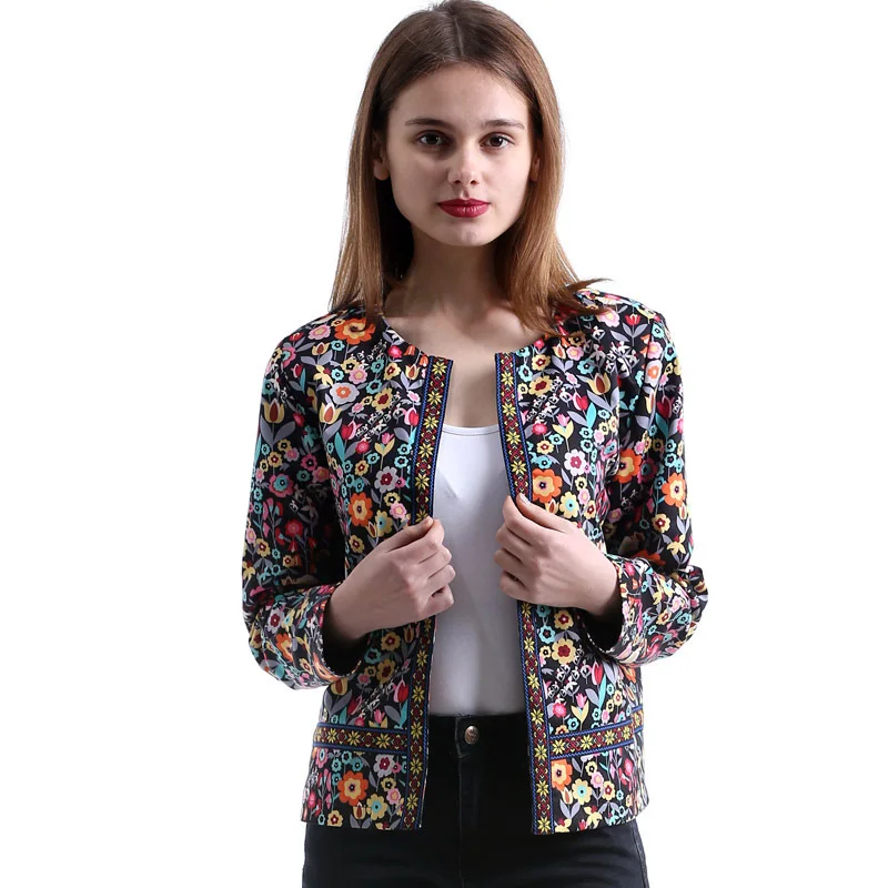 

Women's Print Jacket Flower O-neck womens Autumn Winter Cool Uniform European Woman Chic Bomber Jackets Female Black LS117