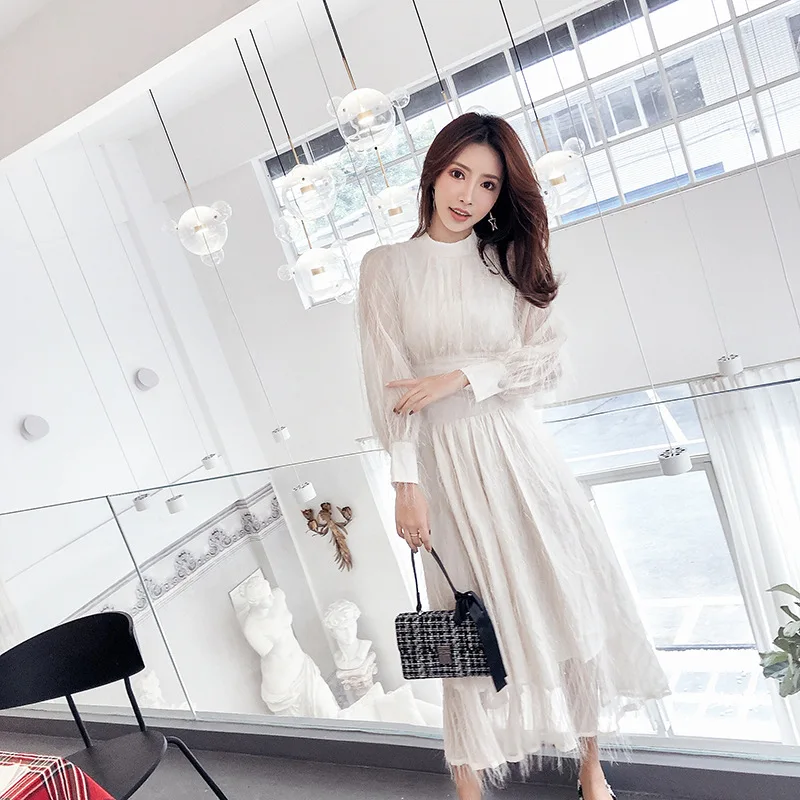 

2019 Spring New Style Korean-style Elegant Debutante Slimming Tassels Feather Fairy Skirt Women's Big Hemline Dress Long Skirts