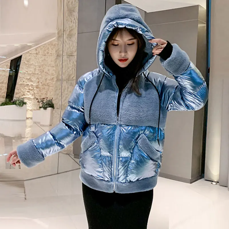 Зимняя новая Корейская куртка с капюшоном из овечьей шерсти с подкладкой из хлопка Женская модная блестящая короткая ветрозащитная куртка женская 102